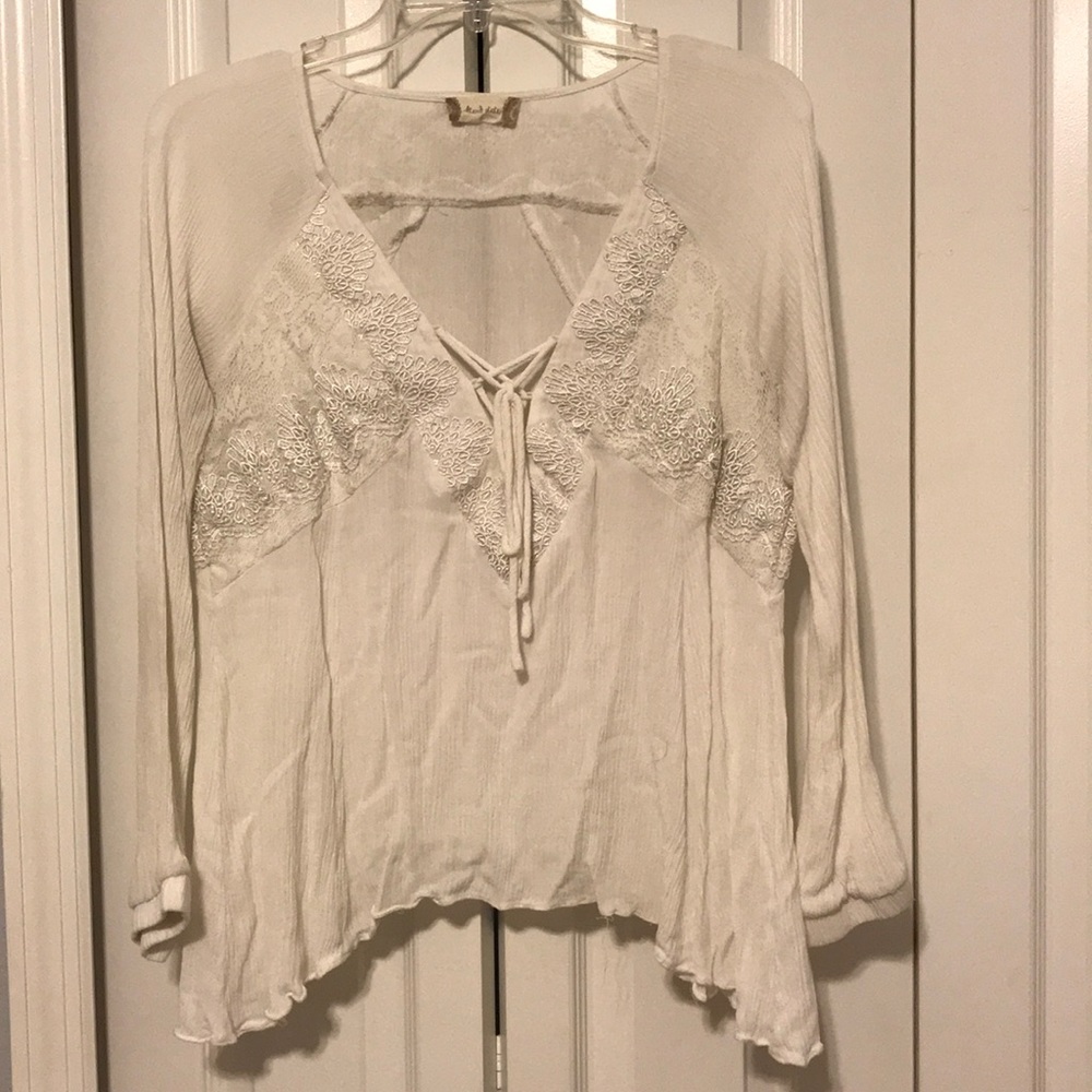 Boho LS Tie Front Lace Trim Gauze Top, Size M
